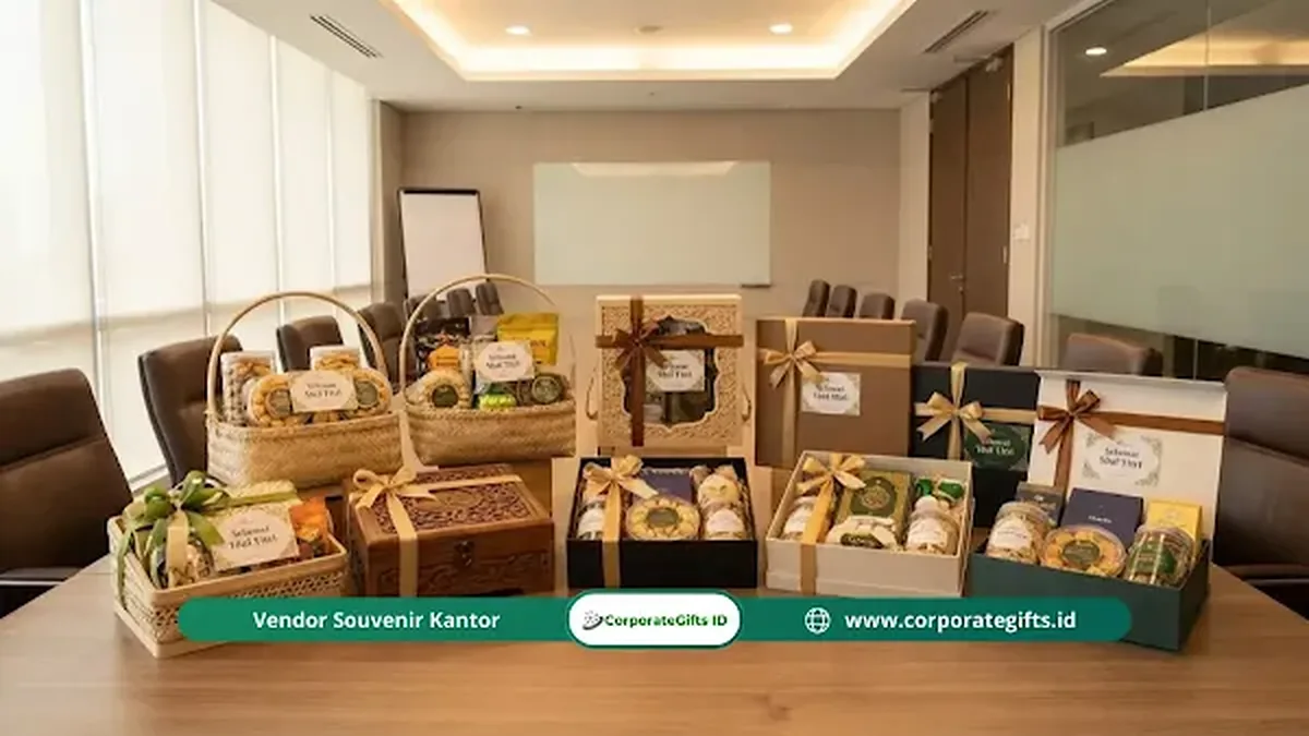 Berbagai jenis paket hampers Lebaran kantor premium tertata rapi di meja ruang rapat sebagai ilustrasi tips memilih bingkisan agar pengiriman aman dan tepat waktu untuk relasi bisnis - CorporateGifts.ID