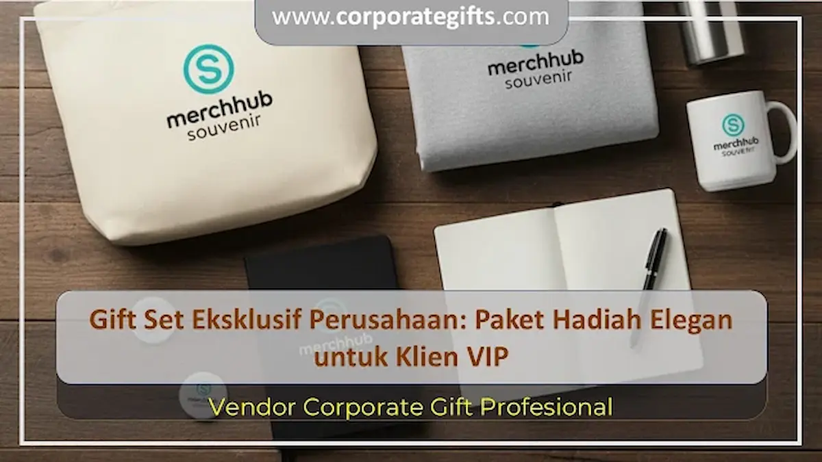 Pilihan item corporate gift set modern dengan powerbank wireless, pulpen metal, dan buku catatan kulit PU.