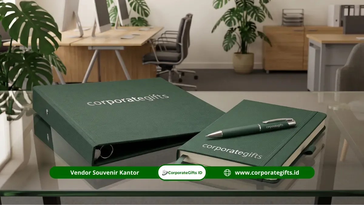 Contoh tata letak desain elemen seminar kit mencakup notebook hardcover, pulpen metal grafir, dan id card lanyard.