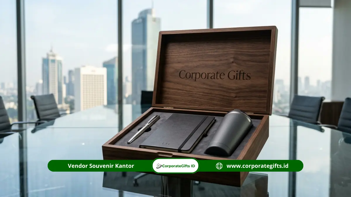 Gift set executive dalam kotak kayu premium di atas meja kaca ruang direksi