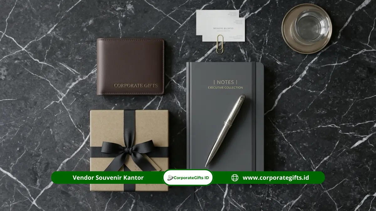 Isi gift set executive berupa pena logam, notebook kulit, dan tumbler eksklusif