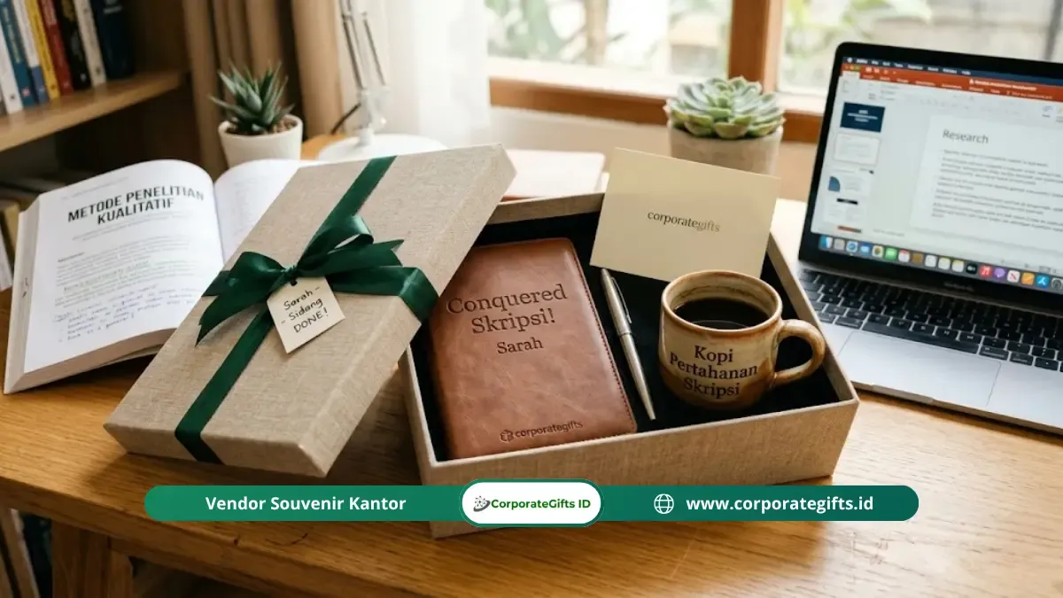 Kurasi kado custom sidang skripsi dengan grafir nama dan pesan apresiasi personal | CorporateGifts.ID