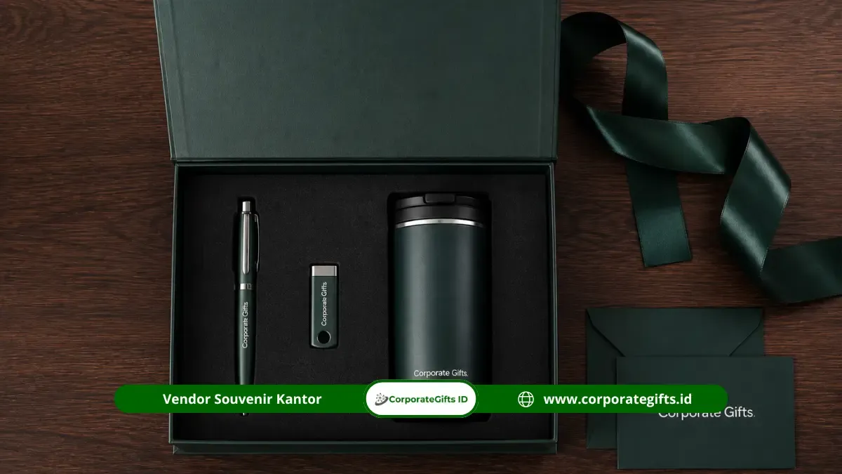 Paket hampers souvenir pajak mewah dalam kemasan hardbox magnetik presisi dengan tumbler, pulpen metalik, dan kartu ucapan resmi.