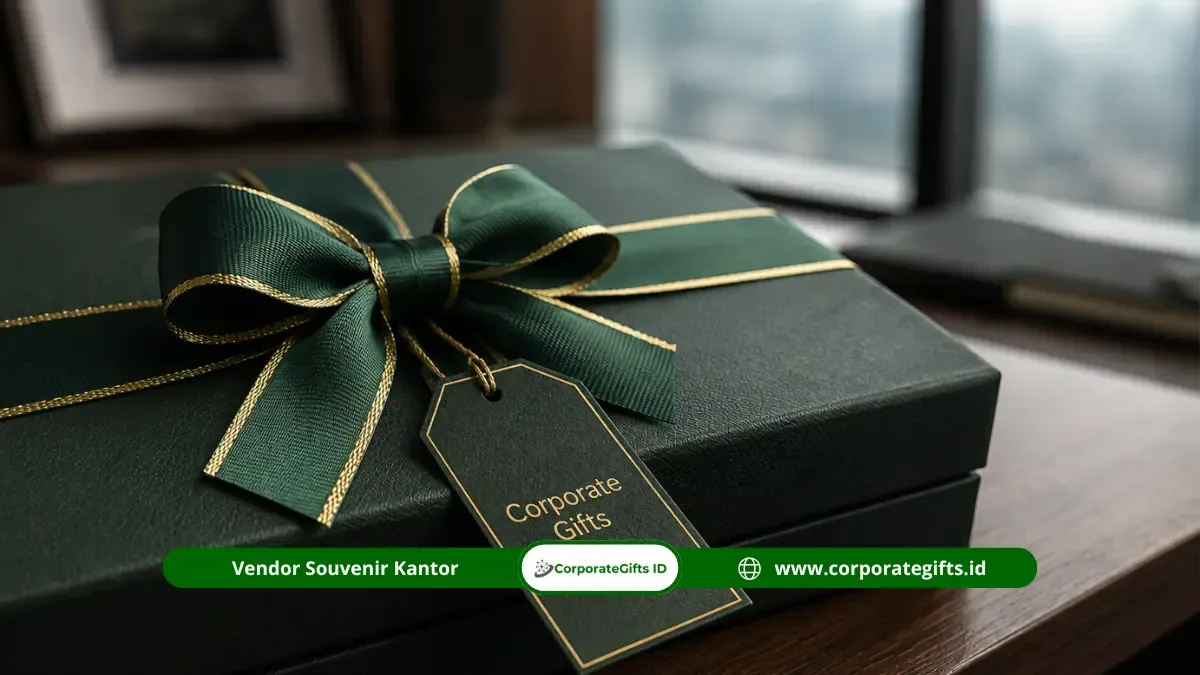 Kotak hampers souvenir pajak elegan dengan pita satin hijau emas dan kartu ucapan kustom.