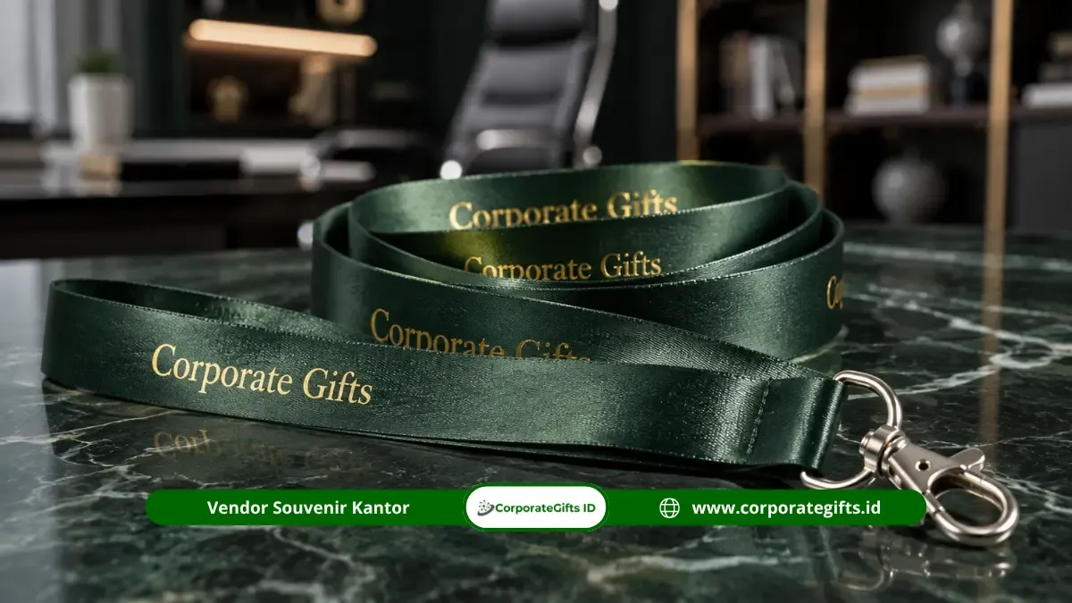 Detail tekstur bahan dan kait lanyard custom kantor CorporateGifts.ID