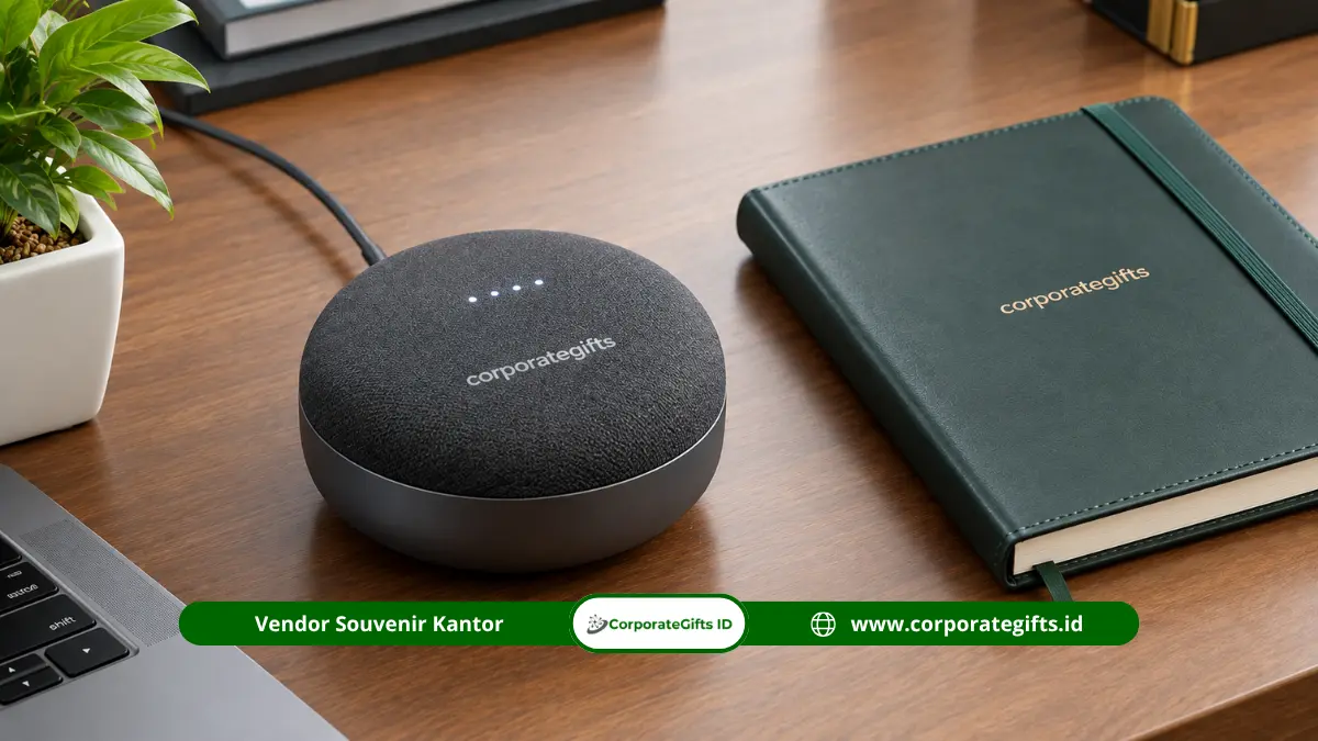 Smart home speaker premium inovasi teknologi terkini sebagai merchandise perusahaan property bernilai tinggi.