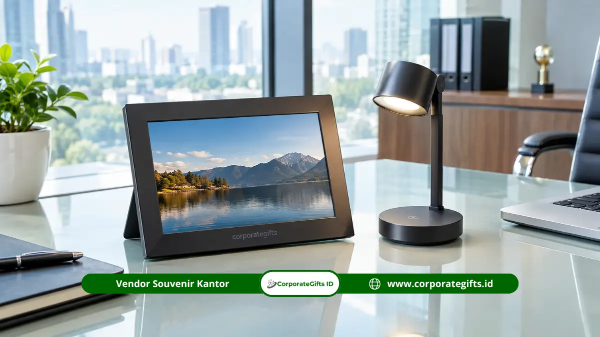 Digital photo frame elegan untuk merchandise property launching bagi investor.