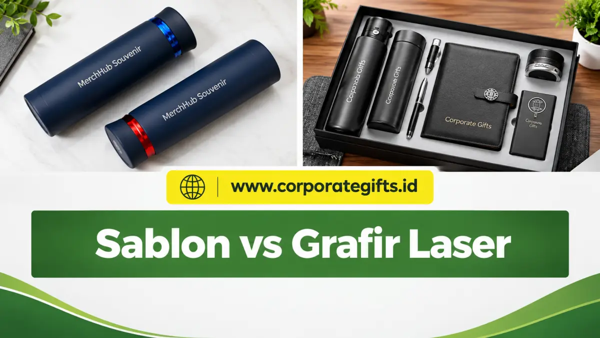 Perbandingan hasil cetak sablon full-color dengan grafir laser permanen pada souvenir kantor eksklusif