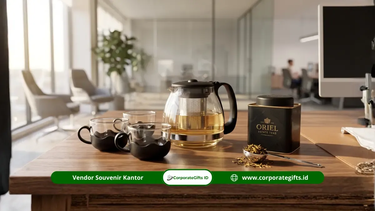 Display Kombinasi Tea Set dengan Tray Kayu dan Notes Set - CorporateGifts.ID