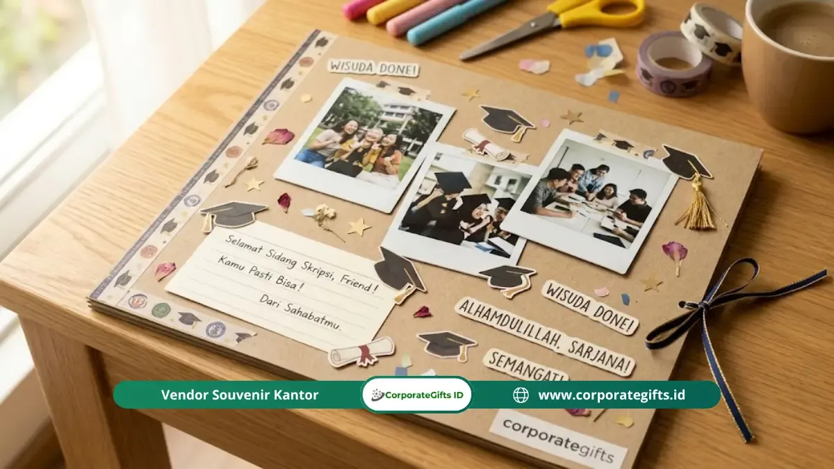 Detail dekorasi foto dan pesan tulisan tangan pada scrapbook sidang skripsi | CorporateGifts.ID