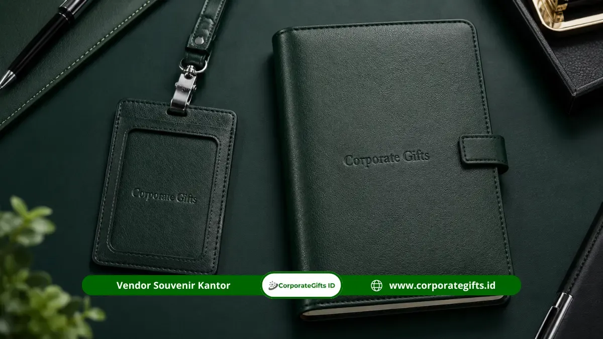 Perlengkapan stationery kulit sintetis notebook dan lanyard id card untuk souvenir kantor | CorporateGifts.ID
