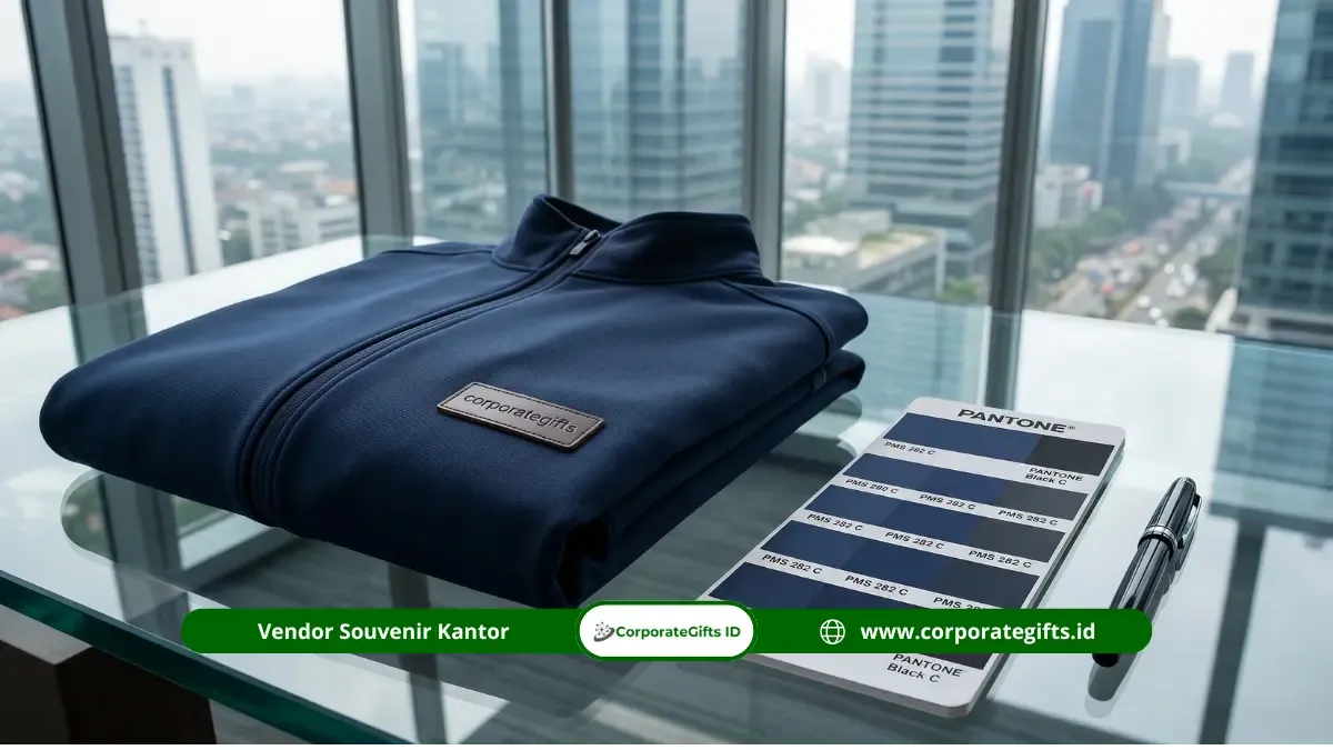 Pengecekan kualitas bordir logo dan akurasi warna Pantone pada apparel promosi kantor | CorporateGifts.ID