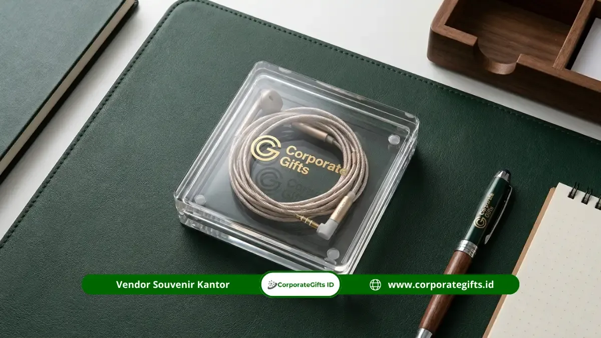 Tampilan earphone kabel dan TWS custom berlogo perusahaan untuk pameran bisnis