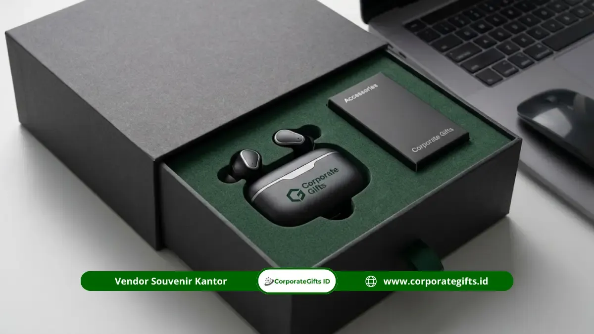 Ilustrasi kemasan kotak earphone premium Corporate Gifts untuk welcome kit onboarding karyawan