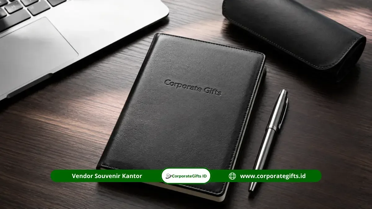 Notebook hardcover kulit deboss logo dan pulpen meja kerja untuk event bisnis Jakarta | CorporateGifts.ID