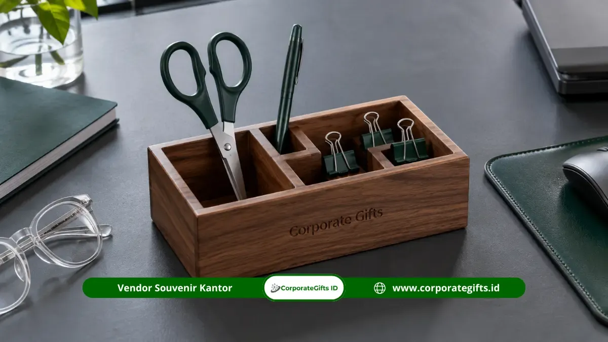 Desk Organizer Kayu Eksklusif Custom Logo untuk Souvenir Kantor Fungsional | CorporateGifts.ID
