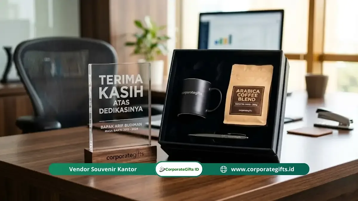Paket gift set perpisahan kantor eksklusif dengan tumbler custom dan notebook | CorporateGifts.ID