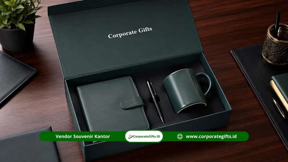Paket Souvenir RUPS Hardbox Hijau dengan Agenda Kulit, Pulpen Metal, dan Mug Keramik | CorporateGifts.ID