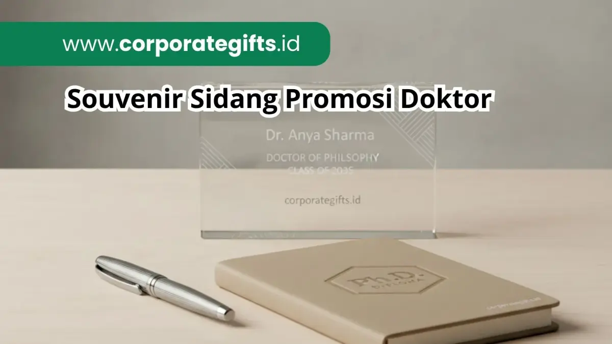 Set plakat akrilik kristal, pulpen logam, dan agenda kulit beremboss logo universitas untuk perayaan akademik