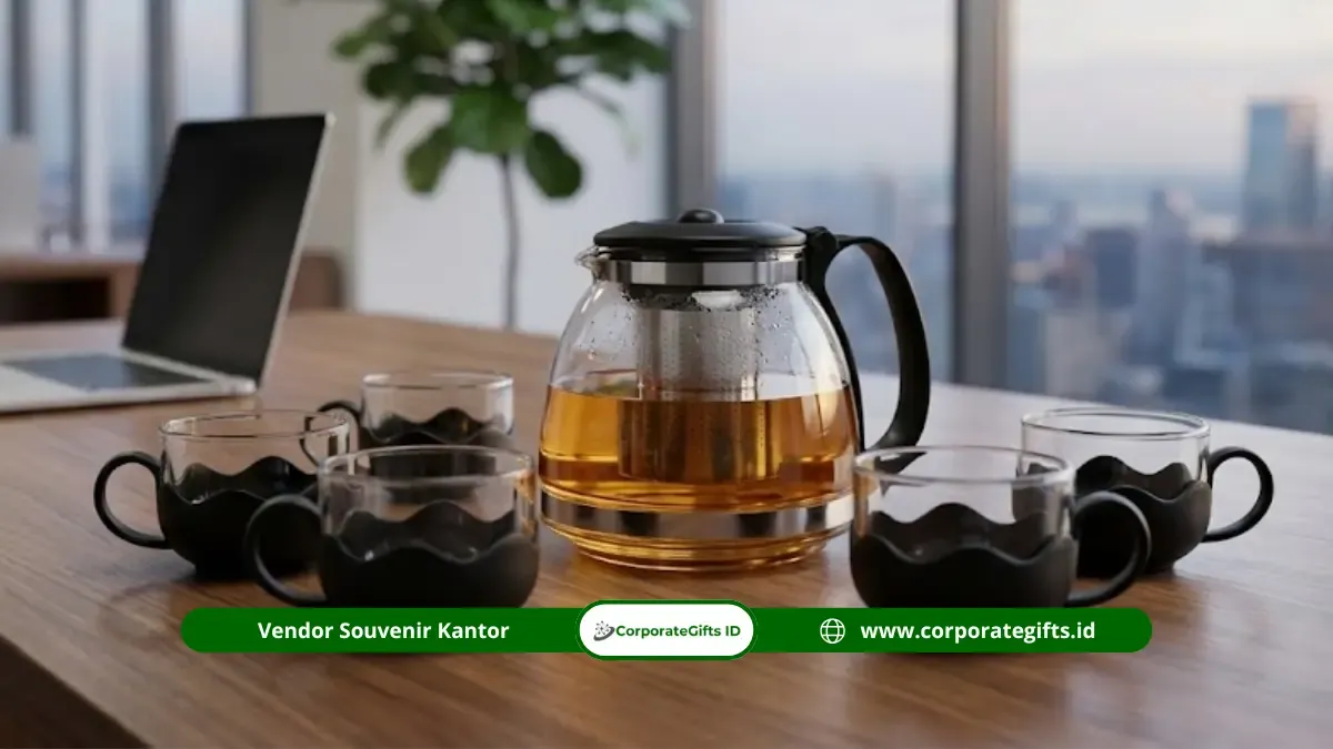 Set Teko Kaca Borosilikat Tahan Panas dan Cangkir Minimalis di Meja Kerja - CorporateGifts.ID