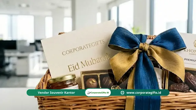 Pilihan hampers Lebaran kantor mewah dengan pita emas dan kartu ucapan Idul Fitri elegan.